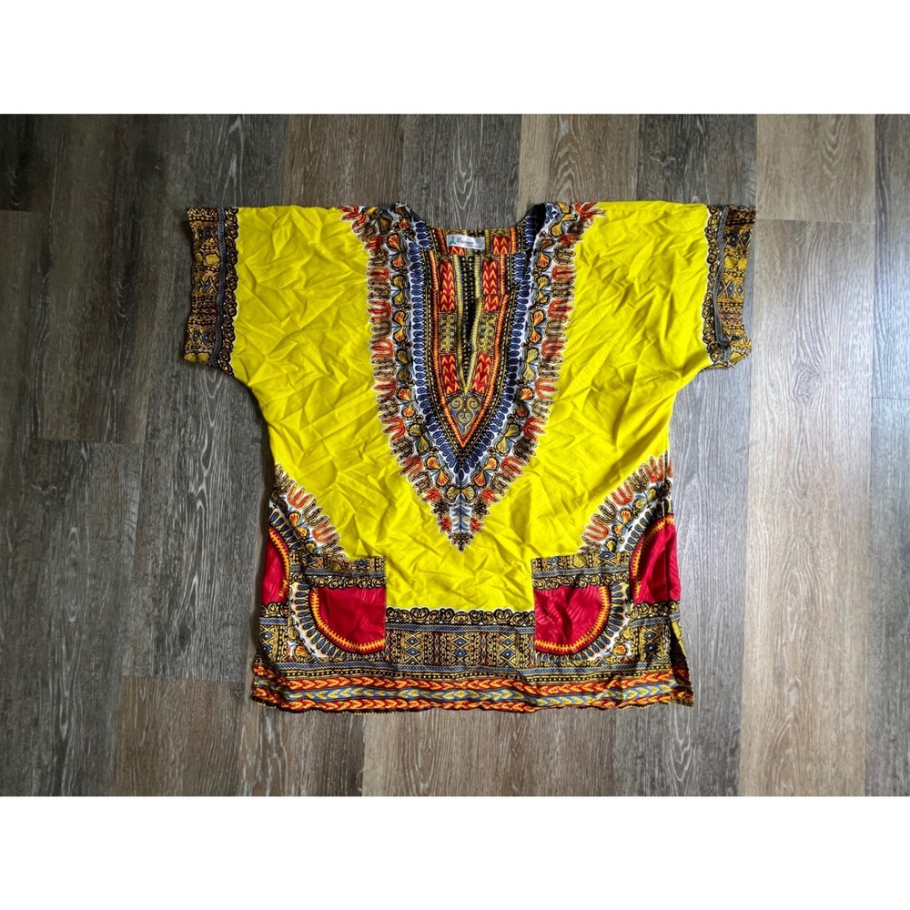 Lapogee Dashiki Tunic Top Unisex Large Yellow African Print V-Neck Pockets
